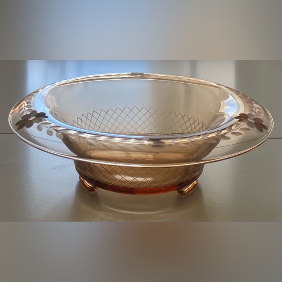 Large Vintage Floral Amber Depression Glass Console Bowl - Picture 10 of 12